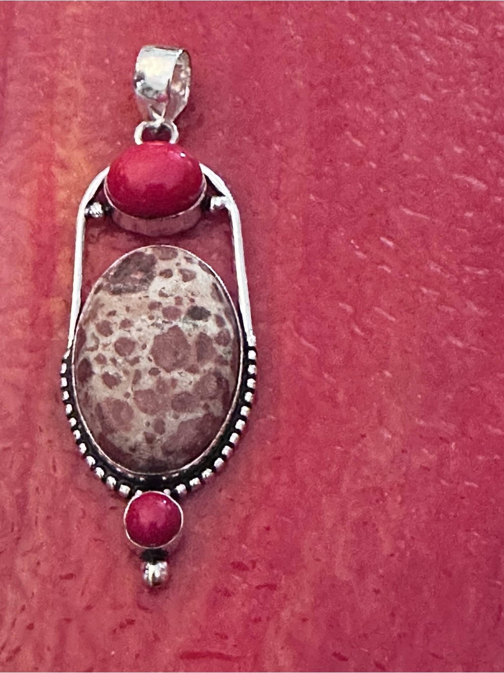 Artisan Silver Pendant Necklace with Red Coral Accents and Brown Jasper